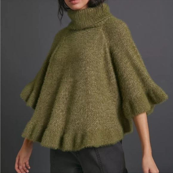 Anthropologie Sweaters - Anthropologie Women's Cape Green Ruffled Turtleneck Poncho Sweater One Size Boho